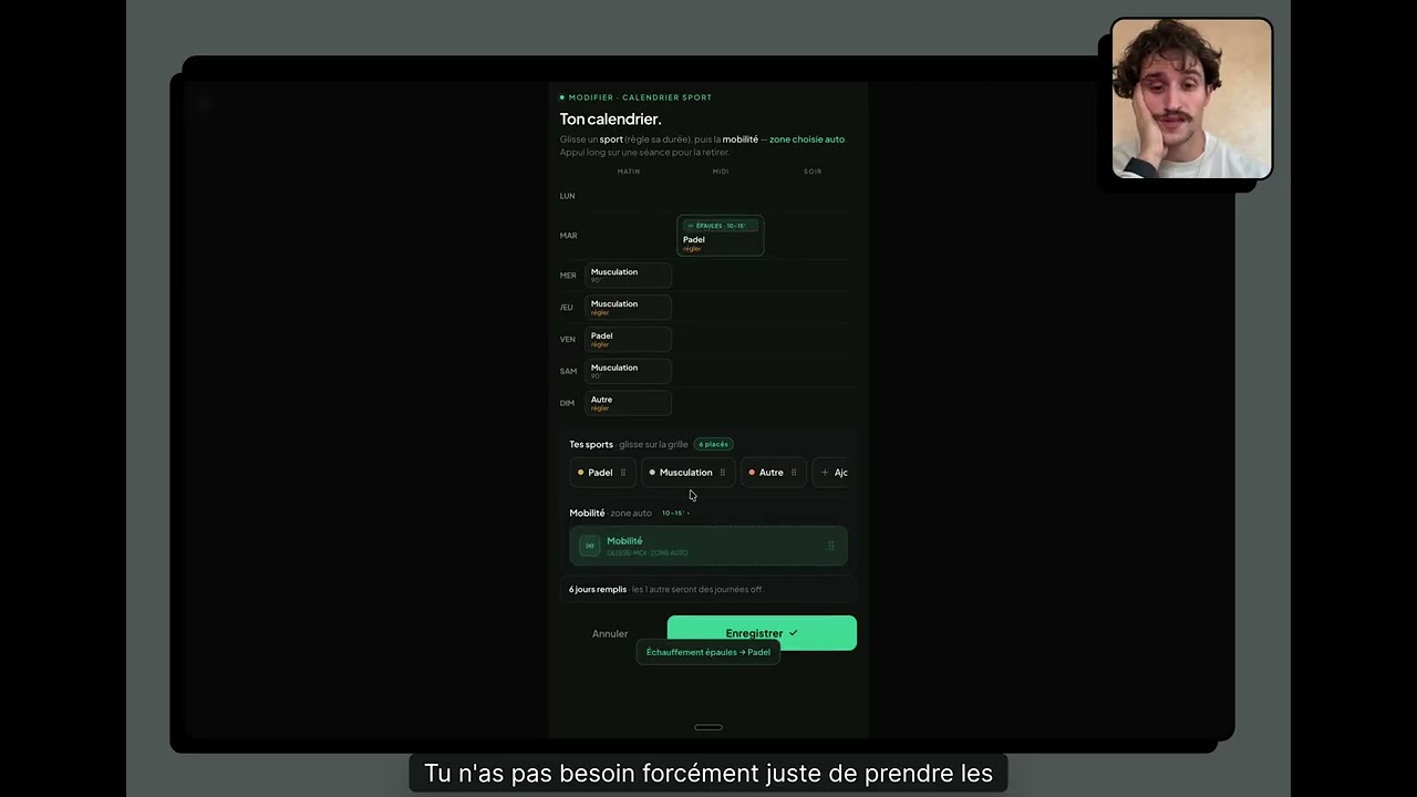 Damien utilise l'app Mobility Club : l'écran du calendrier, où l'on glisse ses sports de la semaine et où la mobilité se cale automatiquement.