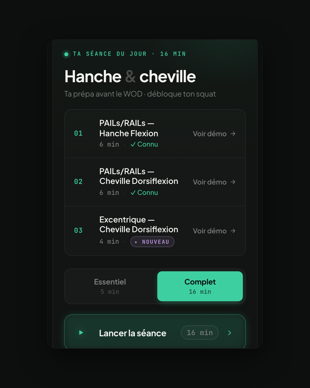 Écran Aujourd'hui du Mobility Club : la séance du jour, déjà prête, avec bouton Lancer la séance